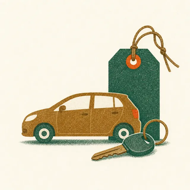 Small generic car beside a tall paper price tag and a set of keys
