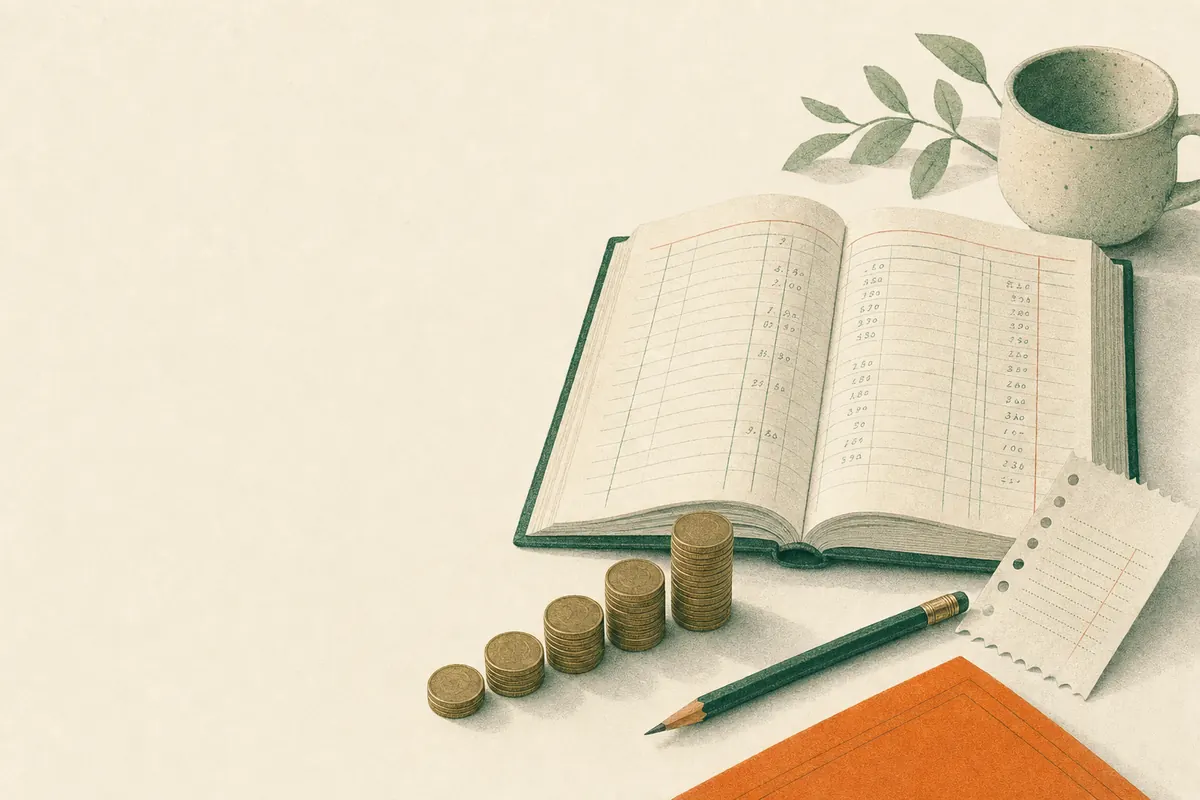 Illustrated still life of an open ledger book, a pencil, a cup and coins stacked in a rising staircase